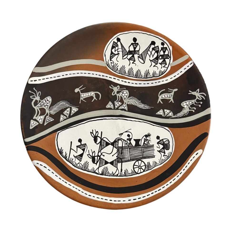 WARLI Tribal India Earthenware Plate Hand Painted Wall Decor Terra Cotta 7"
